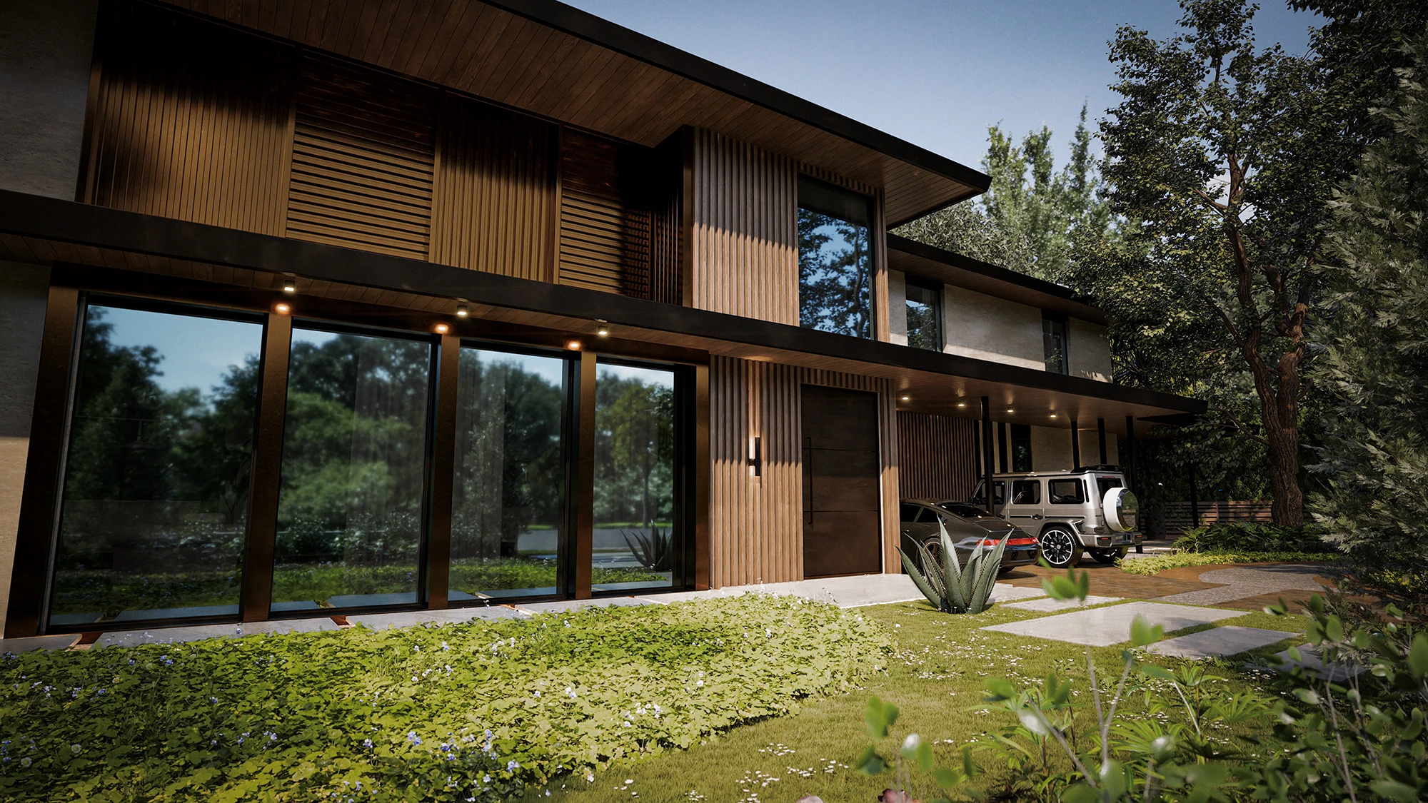 Front elevation with slatted wood screens