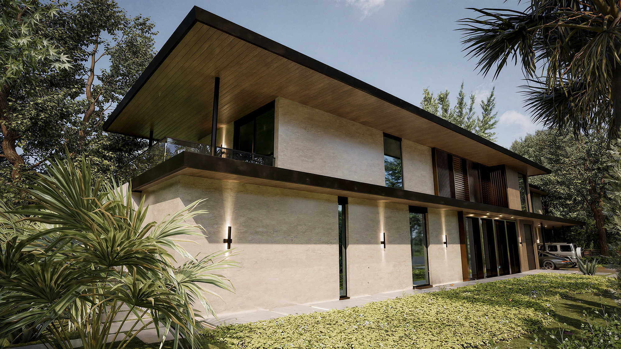 Side elevation beneath the deep roof overhang