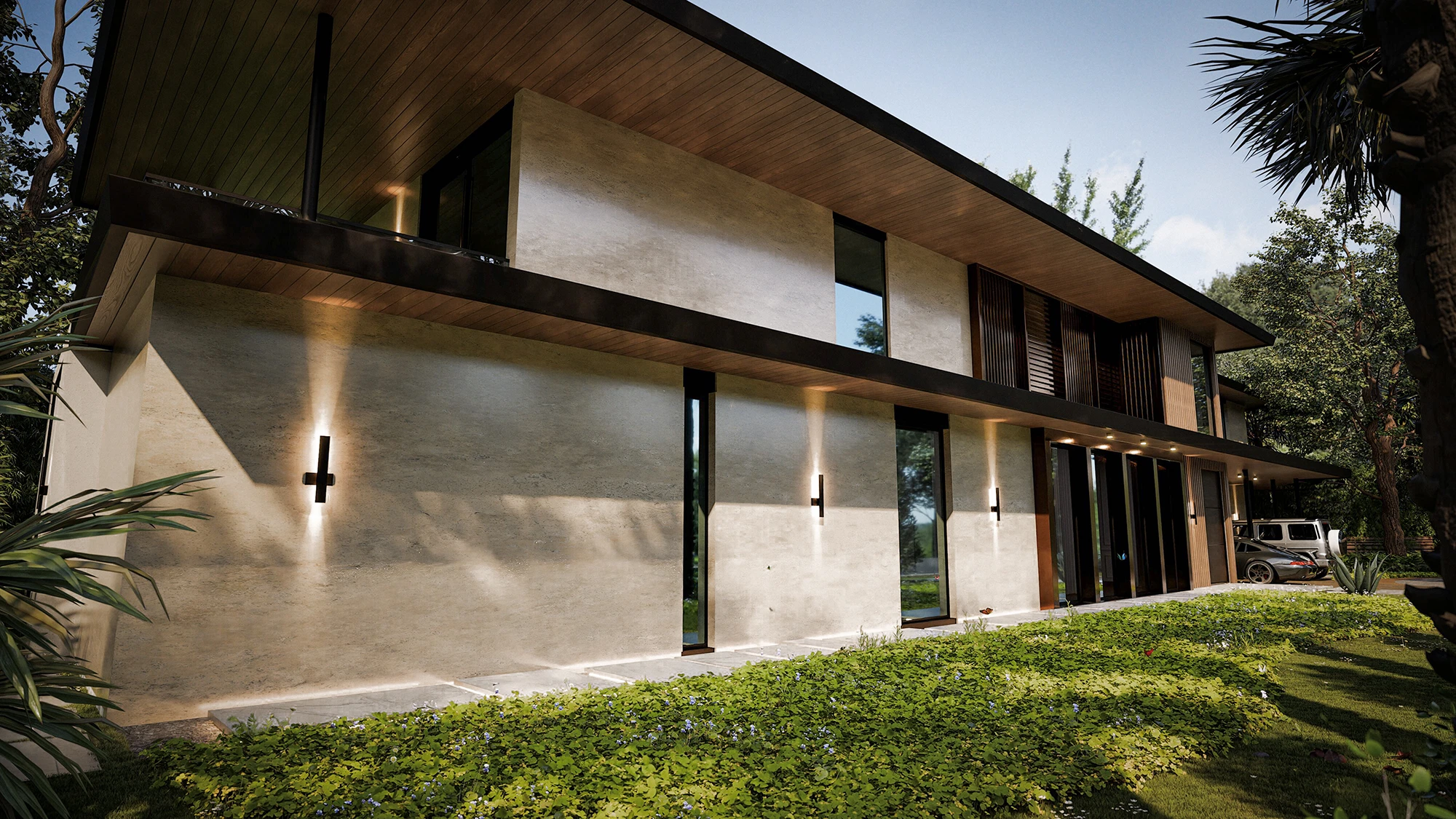 Stone facade with sculptural wall lighting